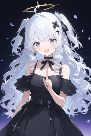 1girl, angel, white hair, long curly hair, (two side up), blue eyes,  (curly hair:1.2), (wavy hair), (hair curls)
, (bangs), (two side up), two blue hair ties on head, (Double golden halo on her head), bowtie choker, angel wings, ahoge, fang, white T-shirt, virtual_youtuber, hair_ornament, solo, long_hair, dress, eyepatch, flower, looking_at_viewer, smile, ahoge, open_mouth, gothic_lolita, lolita_fashion, bare_shoulders, breasts, blush, mole_under_eye, jewelry, , mole, bangs, cross, choker, v, collarbone, petals, earrings