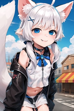 masterpiece, best quality, laplace, 1girl, solo,  ((white hair)), very long hair, blue eyes, (straight hair), (bangs), animal ears, (stoat ears:1.2), Choker, ahoge, fangs, (big stoat Tail:1.2), (blue X hairpin), (White sleeveless collared dress, (midriff), blue chest bow), (black hooded oversized jacket:1.2), (jacket zipper half unzipped), (Off the shoulders), lolita, smile, leaning forward, city street, close-up , from above, look up,yaeba