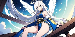 vibrant colors, female, masterpiece, sharp focus, best quality, depth of field, cinematic lighting, ((solo, one woman )), (illustration, 8k CG, extremely detailed), masterpiece, ultra-detailed,
1angel, (white hair), long curly hair, blue eyes, (two blue ribbons on her hair), (Double golden halo on her head), angel wings, Sitting on a seat, look to the sky, best smile, cute face, perfect light,white noveau,portrait