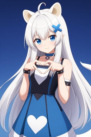 score_9, score_8_up, score_7_up, source_anime, 1girl, stoat girl, solo,  ((white hair)), very long hair, blue eyes, (straight hair), (bangs), animal ears, (stoat ears:1.2),
 Choker, ahoge, yaeba, (big white stoat Tail:1.2), (blue X hairpin), archi-ghelber-style
BREAK
 \(serie\), fishnet, heart hands,heart fingers