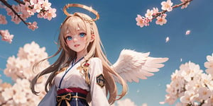  figure, (1girl), (solo), angel_wings, ((white long curly hair)), blue eyes, two blue ribbons on her hair, (Double golden halo on her head), middle_breast, , cute face, Wearing Japanese military uniform, Japanese military hat, fighting pose, background is cherry blossoms, masterpiece, ,better_hands,masterpiece,best quality,breakdomain