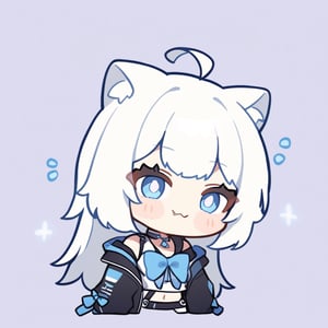 (chibi style), {{{masterpiece}}}, {{{best quality}}}, {{ultra-detailed}}, {beautiful detailed eyes}1girl, solo,  ((white hair)), very long hair, blue eyes, (straight hair), (bangs), animal ears, (stoat ears:1.2),
 Choker, ahoge, fangs, (big stoat Tail:1.2), (blue X hairpin), (White sleeveless collared dress, (midriff), (blue chest bow)), 
(black hooded oversized jacket:1.2), (jacket zipper half unzipped), (Off the shoulders), (rapping), (black sunglasses), upper body,chibi emote style,chibi,emote, cute,Emote Chibi,anime,cute comic,txznf,flat style,