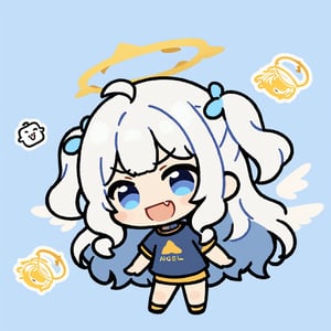 chibi, sd, masterpiece, made by a master, 4k, perfect anatomy, perfect details, best quality, high quality, lots of detail.
1girl, ((angel)), (white hair), long curly hair, (two side up), blue eyes,  (curly hair:1.2), (wavy hair), (hair curls), (bangs), (two side up), two ((blue)) hair ties on head, (Double golden halo on her head), choker, ((angel wings)), ahoge, t-shirt, short skirt, single, looking at camera, smiling, fang, happy, slightly angry, chibi, Emote Chibi. simple background, Line,cute comic,simple background, flat color,chibi,Cute girl,dal,Emote Chibi,chibi style,Chibi Style