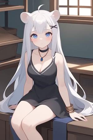 1girl, stoat girl, solo,  ((white hair)), very long hair, blue eyes, (straight hair), (bangs), animal ears, (stoat ears:1.2),
 Choker, ahoge, yaeba, (big stoat Tail:1.2), (blue X hairpin), solo, long hair, breasts, looking at viewer, blush, bangs, blue eyes, hair ornament, dress, ribbon, cleavage, bare shoulders, jewelry, medium breasts, sitting, very long hair, closed mouth, collarbone, sleeveless, indoors, necklace, black dress, bracelet, sleeveless dress, arm support, wavy hair,Cute Anime