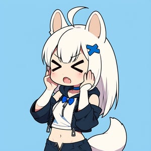 (chibi:1.3), masterpiece, made by a master, 4k, perfect anatomy, perfect details, best quality, high quality, lots of detail.
(solo),1girl, ((stoat girl)), solo,  ((white hair)), very long hair, blue eyes, (straight hair), (bangs), animal ears, (stoat ears:1.2), Choker, ahoge, cute_fang, (big Fox Tail:1.2), (blue X hairpin), (White collared sleeveless top, (midriff), blue chest bow), (black hooded oversized jacket:1.2), (jacket zipper half unzipped), (black short pants) (Off the shoulders), single, (((>_<:1.4))), hands on face, (upper body) ,Emote Chibi. cute comic,simple background, flat color, Cute girl,dal,Chibi Style,lineart,comic book,