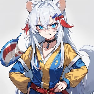 score_9, score_8_up, score_7_up, source_anime, BREAK, half_body, hand on hip, female, girl, stoat girl, solo,  ((white hair)), very long hair, blue eyes, (straight hair), (bangs), animal ears, (stoat ears:1.2),
 Choker, ahoge, yaeba, (big white stoat Tail:1.2), (blue X hairpin), slit pupils, angry, high quality, detailed face, detailed eyes, beautiful eyes, masterpiece, solo, solo_image, best quality, masterpiece,