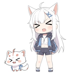 (chibi:1.3), masterpiece, made by a master, 4k, perfect anatomy, perfect details, best quality, high quality, lots of detail.
(solo),1girl, ((stoat girl)), solo,  ((white hair)), very long hair, blue eyes, (straight hair), (bangs), animal ears, (stoat ears:1.2), Choker, ahoge, cute_fang, (big Fox Tail:1.2), (blue X hairpin), (White collared sleeveless top, (midriff), blue chest bow), (black hooded oversized jacket:1.2), (jacket zipper half unzipped), (black short pants) (Off the shoulders), single, (((>_<:1.4))), (upper body) ,Emote Chibi. cute comic,simple background, flat color, Cute girl,dal,Chibi Style,lineart,comic book,