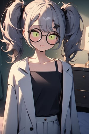 1girl, (gray hair), green eyes, long hair, ( pigtails:1.2), (black round frame glasses:1.2), (black star hairpin), (casual wear), collarbone, (Knight Coat), cotton pants, (happy), (in room), indoor, (eyes highlight), standing, ((upper body)), very beautiful girl, Sleepy eyes, closed mouth, :), himecut hairstyle,, masterpiece quality, stunning image, masterpiece, 8K, stunning image, light particles, attractive image, reflections, Dutch Angle Shot,Beautiful eyes,