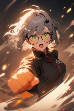 1girl, (gray hair), green eyes, short hair, (Bob Hair), ahoge, (black round frame glasses:1.2), (black star hairpin), (Kung Fu Uniform), (attack), (fighting), Punch, Punching in viewer, (in the dojo), aura, (eyes highlight), standing, ((upper body)), very beautiful girl, eyes wide open, Open mouth wide, sweat, slightly angry, himecut hairstyle, masterpiece quality, stunning image, masterpiece, 8K, stunning image, light particles, attractive image, reflections,  \medium\,Beautiful eyes,