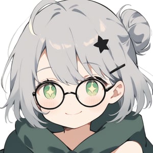 1girl, (gray hair), green eyes, short hair, ahoge, (black round frame glasses:1.2), (black star hairpin), dark green hooded cloak, Hood Down, dress, Short skirt, boots, ((Half Bun :1.2)), ((Off the shoulders:1.2)), solo, smiling, blush, (close-up portrait), ((sparkling eyes)), Upper Body, (Focus on face), simple white background,