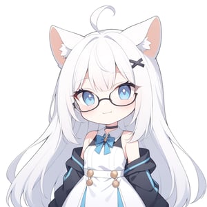 (chibi style), {{{masterpiece}}}, {{{best quality}}}, {{ultra-detailed}}, {beautiful detailed eyes},1girl, solo,  ((white hair)), very long hair, blue eyes, (straight hair), (bangs), animal ears, (stoat ears:1.2), Choker, ahoge, fangs, (big stoat Tail:1.2), (X hairpin), (White sleeveless collared dress, blue chest bow), (black hooded oversized jacket:1.2), (Off the shoulders), (glasses), (smug smile), (with arms folded), upper body,chibi emote style,chibi,emote,aesthetic, ,comic book