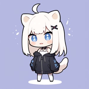 (chibi style), {{{masterpiece}}}, {{{best quality}}}, {{ultra-detailed}}, {beautiful detailed eyes},1girl, solo,  ((white hair)), very long hair, blue eyes, (straight hair), (bangs), animal ears, (stoat ears:1.2), Choker, ahoge, fangs, (big stoat Tail:1.2), (X hairpin), (White sleeveless collared dress, blue chest bow), (black hooded oversized jacket:1.2), (Off the shoulders), O_O, ((punching pose)), upper body,chibi emote style,chibi,emote,cute comic