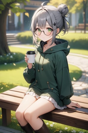 1girl, (gray hair), green eyes, short hair, ahoge, (black round frame glasses:1.2), (black star hairpin), dark green hooded cloak, Hood Down, dress, Short skirt, boots, ((Half Bun hair :1.2)), An animated girl with green eyes is sitting on a wooden bench. There is a small white cup of coffee on the bench in front of her. Behind her is a green lawn with small white flowers on it. A tree with yellow leaves is on the left side of the bench. Behind the tree is a wooden door with a black handle. Blurry background, detailed image, detailed skin, stunning image, 8k, proffesional style, luxurious room in background, ((masterpiece: 1.2)), light particles. Masterpiece, stunning image, professional style