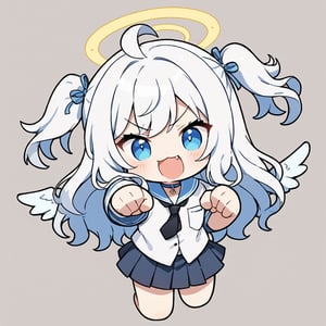 chibi, sd, masterpiece, made by a master, 4k, perfect anatomy, perfect details, best quality, high quality, lots of detail.
(solo),1girl, ((angel)), ((white hair)), long curly hair, (two side up), blue eyes,  (curly hair:1.2), (wavy hair), (hair curls), (bangs), (two side up), two ((blue)) hair ties on head, (Double golden halo on her head), choker, ((angel wings)), ahoge, school uniform,white shirt, black tie, Black pleated skirt, punching, single, open mouth, looking at viewer, smiling,((>_<)), fang, happy, slightly angry, chibi, Emote Chibi. simple background, Line,cute comic,simple background, flat color,chibi,Cute girl,dal,Emote Chibi,chibi style,Chibi Style,lineart,Comic Book-Style 2d,2d,