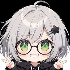 1girl, (gray hair), green eyes, short hair, (Bob Hair), ahoge, (black round frame glasses:1.2), (black star hairpin), hooded cloak, Hood Down, long sleeve shirt top,
Short skirt, boots, , solo, (chibi, head only), blush, (close-up portrait), (grin), (double v), Upper Body, (Focus on face), simple white background,