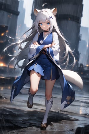 1girl, stoat girl, solo,  ((white hair)), very long hair, blue eyes, (straight hair), (bangs), animal ears, (stoat ears:1.2),
 Choker, ahoge, yaeba, (big white stoat Tail:1.2), (blue X hairpin), very beautiful girl, looking at viewer, /(perfect anatomy)/, kimono, crossing arms, dynamic pose (walking), full body, skirt, stockings, beautiful eyes, total heterochromia, frowning, background battlefield, slightly blurred background, wallpaper quality, badass girl, determined look, rain, waterdrop, water brushing girl's cheeks, almost prismatic eyes. Stunning and attractive image, 8k, detailed image, masterpiece quality.