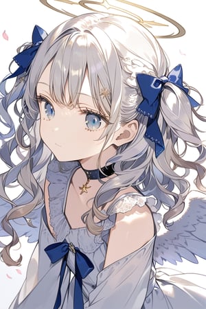 masterpiece, best quality, aesthetic,1girl, angel, white hair, long curly hair, two side up, (blue eyes), two blue ribbons on her hair, (Double golden halo on her head), choker, angel wings,bangs,sakura