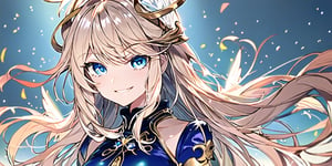 1girl, angel, with sliver long curly hair, blue eyes, two blue ribbons on her hair, (Double golden halo on her head), angel wings, perfecteyes, mage clothing, evil smirk,perfect light,portrait