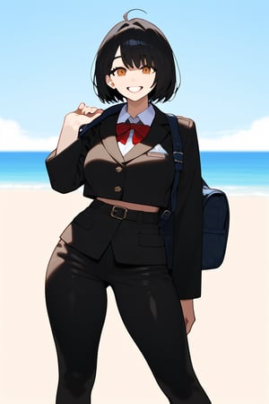 1girl, solo, (dark black hair), brown eyes, ahoge, short hair, (striking bob cut and intense, hair covering one eye:1.2),  (school uniform), tight clothes, white shirt, Short sleeve, blue tie, Blue plaid pleated skirt, backpack, half-closed eyes, solo focus, standing, Open mouth smile,teeth, blush, (upper body), (simple background), (eyes highlight), very beautiful girl, himecut hairstyle, masterpiece quality, stunning image, masterpiece, 8K, stunning image, light particles, attractive image, reflections,  \medium\,Beautiful eyes,