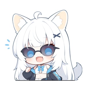 (chibi style), {{{masterpiece}}}, {{{best quality}}}, {{ultra-detailed}}, {beautiful detailed eyes}1girl, solo,  ((white hair)), very long hair, blue eyes, (straight hair), (bangs), animal ears, (stoat ears:1.2),
 Choker, ahoge, fangs, (big stoat Tail:1.2), (blue X hairpin), (White sleeveless collared dress, (midriff), (blue chest bow)), 
(black hooded oversized jacket:1.2), (jacket zipper half unzipped), (Off the shoulders), (rapping), (black sunglasses), upper body,chibi emote style,chibi,emote, cute,Emote Chibi,anime,cute comic,txznf,flat style,