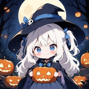 1girl, solo, angel, white hair, long curly hair, (two side up), blue eyes, two blue bows on head, choker, ahoge, (Witch hat), (Witch cloak), Witch dress, (cute pose), cobweb, (skull), pumpkin lantern, moon, blush, (In the forest at night), (eyes highlight), standing, ((upper body)), very beautiful girl, crazy smiling, slightly angry, himecut hairstyle, solo, (chibi), (Focus on face), chibi style,((Chibi character))