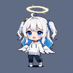 (chibi:1.3), masterpiece, made by a master, 4k, perfect anatomy, perfect details, best quality, high quality, lots of detail.
(solo),1girl, ((angel)), ((white hair)), (long hair:1.1), (two side up:1.2), blue eyes, (wavy hair), (hair curls), (bangs), two ((blue)) hair ties on head, (Double golden halo on her head), choker, ((angel wings)), ahoge, laughing, (white long sleeve hooded top), black pants, white socks, single, open mouth, (full body) ,Emote Chibi. cute comic, flat color, Cute girl,Chibi Style,(pixel art),16 bit,Pixel art,32 bit