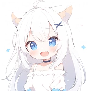 masterpiece, 1girl, stoat girl, solo,  ((white hair)), very long hair, blue eyes, (straight hair), (bangs), animal ears, (stoat ears:1.2),
 Choker, ahoge, fangs, (big stoat Tail:1.2), (blue X hairpin), solo, long hair, blush, bangs, simple background, cute dress, white background, hair between eyes, (((happy))), (laughing), laughing out loud, open mouth, collarbone, ahoge, lips parted, off shoulder, chibi, (((up body))),flat style,