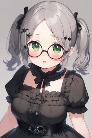  1girl, solo, (gray hair), green eyes, (short Twin ponytails:1.2),  (wavy hair), ahoge, (black round frame glasses:1.2), (black star hairpin), solo, blush, open mouth, Center parted bangs, forehead, lolita_fashion, middle chest, tiny body, cute gothic dress, upper body, sweat, embarrassed,