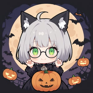 1girl, (gray hair), green eyes, ahoge, (striking bob cut and intense), (black round frame glasses:1.2), Gothic lolita style dress, cat ears, (claw pose), bats, cobweb, pumpkin lantern, moon, blush, (simple halloween background), (eyes highlight), standing, ((upper body)), very beautiful girl, smiling, happy, himecut hairstyle, solo, (chibi), (Focus on face), 