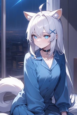 detailed, (masterpiece), very_aesthetic, absurdres, pale_skin, solo, 1girl, stoat girl, solo,  ((white hair)), very long hair, blue eyes, (straight hair), (bangs), animal ears, (stoat ears:1.2),
 Choker, ahoge, yaeba, (big white stoat Tail:1.2), (blue X hairpin), glowing_eyes, upper_body, long_hair, night, indoors, pajamas, long_sleeves, sitting, closed_mouth, window, rain, cityscape, collared_shirt, skirt, night_sky, collarbone, building,Beautiful eyes