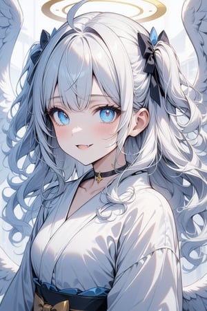  {{{masterpiece}}}, {{{best quality}}}, {{ultra-detailed}}, {beautiful detailed eyes}, 1girl, solo, angel, white hair, long curly hair, (two side up), blue eyes,  (curly hair:1.2), (wavy hair), (hair curls), (bangs), (two side up), two blue hair ties on head, (Double golden halo on her head), bowtie choker, angel wings, ahoge, fang,, (cute yukata), smiling ,Eyes,Beautiful eyes,