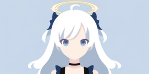 score_9, score_8_up, score_7_up, Minimalstyle, 1girl, angel, white hair, long curly hair, (two side up), blue eyes, two blue bows on head, (Double golden halo on her head), choker, angel wings on back, ahoge ,simple, faceless female, beautiful, extremely detailed, vector, headshot,falling sakura,minimalstyle,score_6_up,aesthetic