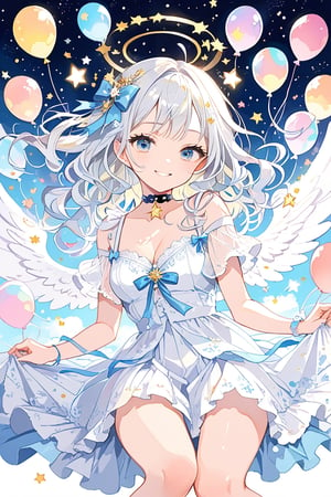 //quality
masterpiece, best quality, aesthetic, 
//Character
1girl, angel, white hair, long curly hair, (two side up), blue eyes, two blue bows on head, (Double golden halo on her head), choker, angel wings on back, ahoge, glossy lips, (beautiful and detailed eyes:1.1), big eyes, (medium breasts:1.1), (smirk:1.2), 
//Fashion
A girl with a light blue ribbon tied in her hair is wearing a fluffy and cute dress. The dress is white and blue with floral patterns, and the skirt is spread out to the knees. A ribbon of the same color as the light blue ribbon is decorated on the chest of the dress. The girl has a shy smile on her face and poses for the camera. Her eyes sparkle and her happy expression is impressive. The girl's illustration makes you feel a bright and gentle atmosphere.

Behind the girl, there is a colorful and fun background. Colorful balloons, flowers, stars, and hearts are floating in the sky. The colors of the background match the girl's dress and ribbon, enhancing the gorgeousness and cuteness. 
//Background 
(watercolor:0.6), dynamic pose, dynamic angle, 