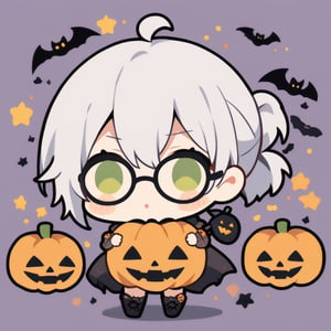 1girl, (gray hair), green eyes, ahoge, (short ponytail:1.2), (black round frame glasses:1.2), dress, halloween outfit, boots, bats, cobweb, pumpkin lantern, blush, simple halloween background), (eyes highlight), standing, solo, (chibi), (Focus on face), 