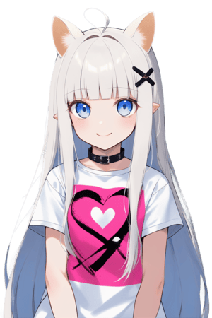 1girl, stoat girl, solo,  ((white hair)), very long hair, blue eyes, (straight hair), (bangs), animal ears, (stoat ears:1.2),
 Choker, ahoge, yaeba, (big white stoat Tail:1.2), (blue X hairpin), hold, holding pink heart, cartoon tshirt, white tshirt, collar, hair covering one eye, looking at the camera, little smile,ink paint