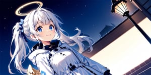 Anime-style illustration depicting a Japanese winter sky scene. A clear winter sky. A young girl,1angel, (white hair), long curly hair, blue eyes, (two blue ribbons on her hair), (Double golden halo on her head), ((angel wings)), twintail, dress, cute outfit, best smile, cute face, wearing a choker and a hooded winter coat. The perspective is from below, focusing on the girl, the street lamp against the clear winter sky.