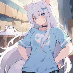 score_9, score_8_up, score_7_up, source_anime, BREAK, half_body, hand on hip, female, girl, stoat girl, solo,  ((white hair)), very long hair, blue eyes, (straight hair), (bangs), animal ears, (stoat ears:1.2),
 Choker, ahoge, yaeba, (big white stoat Tail:1.2), (blue X hairpin), slit pupils, angry, high quality, detailed face, detailed eyes, beautiful eyes, masterpiece, solo, solo_image, best quality, masterpiece,