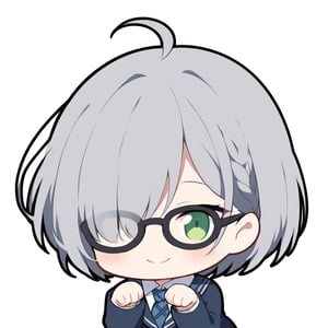 1girl, (gray hair), green eyes, ahoge, short hair, (striking bob cut and intense, hair covering one eye:1.2), (black round frame glasses:1.2), (school uniform), tight clothes, white shirt, blue tie, Blue plaid pleated skirt, Dark blue blazer, boots, half-closed eyes, blush, (paw pose), (simple school background), (eyes highlight), standing, ((upper body)), very beautiful girl, smiling, happy, himecut hairstyle, solo, (chibi), (Focus on face), 