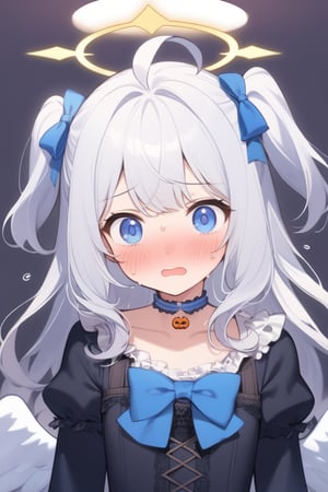  1girl, angel, white hair, long curly hair, (two side up), blue eyes, two blue bows on head, (Double golden halo on her head), choker, (angel wings on back), ahoge, , solo, blush, open mouth, lolita_fashion, middle chest, tiny body, (halloween costumes), upper body, sweat, embarrassed,