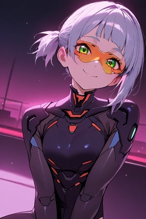 1girl, (gray hair), green eyes, (short hair), (Flat bangs), (short ponytail:1.2), (Safety Goggles:1.2), (wearing armored suit), (cyberpunk style), tight clothes, (happy), (outdoor), (eyes highlight), very beautiful girl, very cute face, (Medium chest), proud expression, :), sitting, cute pose, headtilt, masterpiece quality, masterpiece, 8K, stunning image, light particles, attractive image, reflections, Dutch Angle Shot,Beautiful eyes,