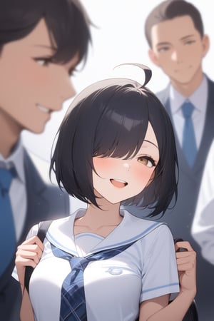 1girl, (dark black hair), brown eyes, ahoge, short hair, (striking bob cut and intense, hair covering one eye:1.2),  (school uniform), tight clothes, white shirt, Short sleeve, blue tie, Blue plaid pleated skirt, backpack, half-closed eyes, solo focus, standing, Open mouth smile,teeth, blush, (upper body), (simple background), (eyes highlight), very beautiful girl, himecut hairstyle, masterpiece quality, stunning image, masterpiece, 8K, stunning image, light particles, attractive image, reflections,  \medium\,Beautiful eyes,