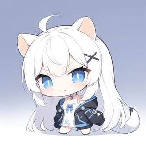 (chibi style), {{{masterpiece}}}, {{{best quality}}}, {{ultra-detailed}}, {beautiful detailed eyes},1girl, solo,  ((white hair)), very long hair, blue eyes, (straight hair), (bangs), animal ears, (stoat ears:1.2), Choker, ahoge, fangs, (big stoat Tail:1.2), (X hairpin), (White sleeveless collared dress, (Two-piece dress), (blue chest bow)), (black hooded oversized jacket:1.2), (Jacket zipper half zipped), (Off the shoulders), ((shadow face:1.2)), (angry eyes), (closed mouth), upper body,chibi emote style,chibi,emote, cute,portraitart