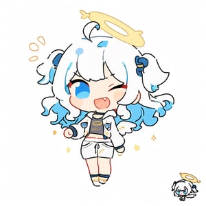 chibi, sd, masterpiece, made by a master, 4k, perfect anatomy, perfect details, best quality, high quality, lots of detail.
(solo),1girl, ((angel)), (white hair), long curly hair, (two side up), blue eyes,  (curly hair:1.2), (wavy hair), (hair curls), (bangs), (two side up), two ((blue)) hair ties on head, (Double golden halo on her head), choker, ((angel wings)), ahoge,one eye closed, Gray hooded long sleeve T-shirt,  Short pants, punching, single, looking at viewer, smiling, fang, happy, slightly angry, chibi, Emote Chibi. simple background, Line,cute comic,simple background, flat color,chibi,Cute girl,dal,Emote Chibi,chibi style,Chibi Style,lineart,niji6