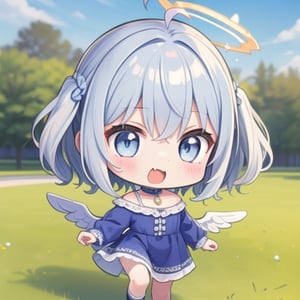 cute, kawaii, chibi, 1girl, angel, ((white hair)), long curly hair, (two side up), blue eyes,  (curly hair:1.2), (wavy hair), (hair curls), (bangs), (two side up), two blue hair ties on head, (Double golden halo on her head), choker, angel wings, ahoge, fang, White dress with blue lace trim, anime style, cute pose,