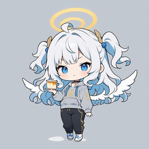 chibi, sd, masterpiece, made by a master, 4k, perfect anatomy, perfect details, best quality, high quality, lots of detail.
(solo),1girl, ((angel)), ((white hair)), long curly hair, (two side up), blue eyes,  (curly hair:1.2), (wavy hair), (hair curls), (bangs), (two side up), two ((blue)) hair ties on head, (Double golden halo on her head), choker, ((angel wings)), ahoge, (((>_<:1.2))), (Gray long sleeve hooded top), Black long pants, white socks, single, looking at viewer, ((holding a pudding:1.2)), (full body) ,Emote Chibi. cute comic,simple background, flat color, Cute girl,dal,Chibi Style,lineart,comic book