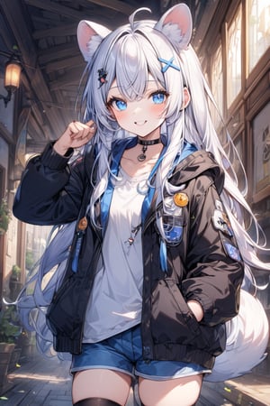 1girl, stoat girl, solo,  ((white hair)), very long hair, blue eyes, (straight hair), (bangs), animal ears, (stoat ears:1.2),
 Choker, ahoge, yaeba, (big white stoat Tail:1.2), (blue X hairpin),  solo, looking at viewer, blush, smile, bangs, blue eyes, shirt, thighhighs, long sleeves, standing, jacket, White collared sleeveless top, ahoge, multicolored hair, open clothes, shorts, black thighhighs, hood, open jacket, short shorts, hood down, black jacket, hooded jacket, blue shorts, hand in pocket,Beautiful eyes