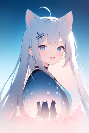 silhouette of astoat girl, solo,  ((white hair)), very long hair, blue eyes, (straight hair), (bangs), animal ears, (stoat ears:1.2), Choker, ahoge, fangs, (big stoat Tail:1.2), (blue X hairpin),Soft colors. Inside the silhouette you can see the double exposure with a sakura flower, masterpiece, ((double exposure)), proportional.,DOUBLE EXPOSURE