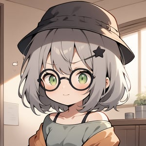 1girl, (gray hair), green eyes, medium hair, (bucket hat:1.2), (black round frame glasses:1.2), (black star hairpin), (light top), collarbone, (Sweater Jacket), cotton pants, Off-shoulder, (happy), (in room), indoor, (eyes highlight), standing, ((upper body)), very beautiful girl, Sleepy eyes, closed mouth, :), slightly angry, himecut hairstyle, solo, (chibi), (Focus on face),((Chibi character))