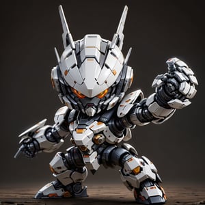 Masterpiece, 4K, ultra detailed, ((solo)), chibi style, anime style, Japanese Mecha, (MASK), (metal), dark color mecha, (fight pose), (punch), (full body), solid background, detail, ,close viewer,ROBOT,