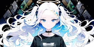 1girl, solo, angel, two side up, two blue ribbons on her hair, (Double golden halo on her head), choker, ((angel wings)), (upper body:1.2), (simple black background:1.2), (computer matrix), (digital dissolve:1.4), (cyborg), pale skin, (long curly hair), ((white hair)), (hair gradient:1.5), (blue eyes:1.2), (looking at viewer), light smile, (black T-shirt, short sleeves:1.4), (masterpiece, best quality)